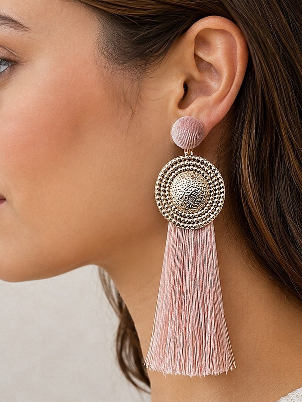 Gold tone Boho Blush pink long dangle tassel statement earrings Party Event 💖
